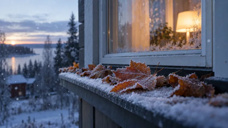 Huurteisia syyslehtiä lumisella ikkunalaudalla, ikkunan takana palaa lamppu ja taustalla laskee aurinko järven ylle.