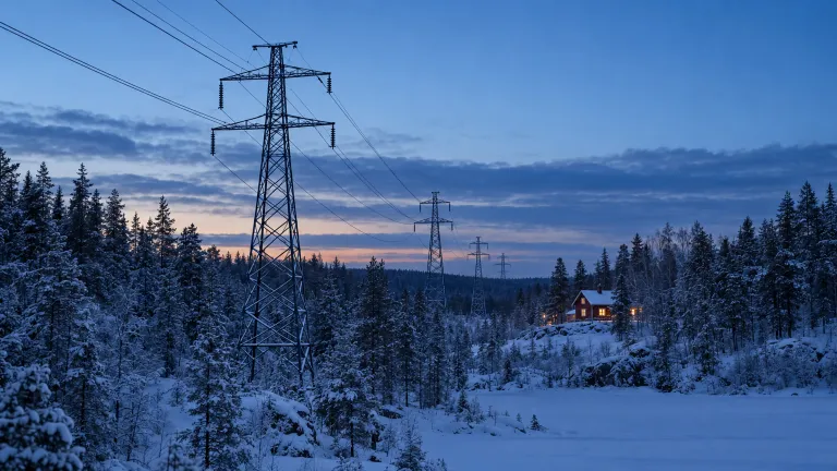 Voimalinjan pylväät lumisessa metsässä illan hämärässä, taustalla punainen talo, jonka ikkunoissa palaa valo.